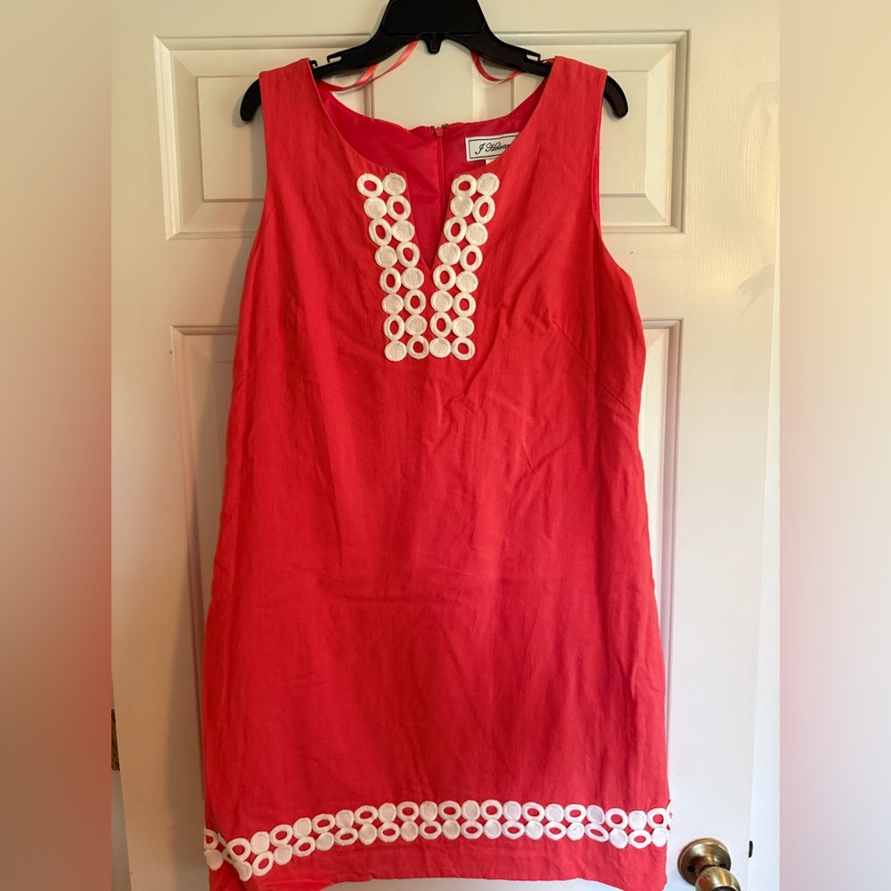 Sleeveless Coral Linen Dress with White Accents